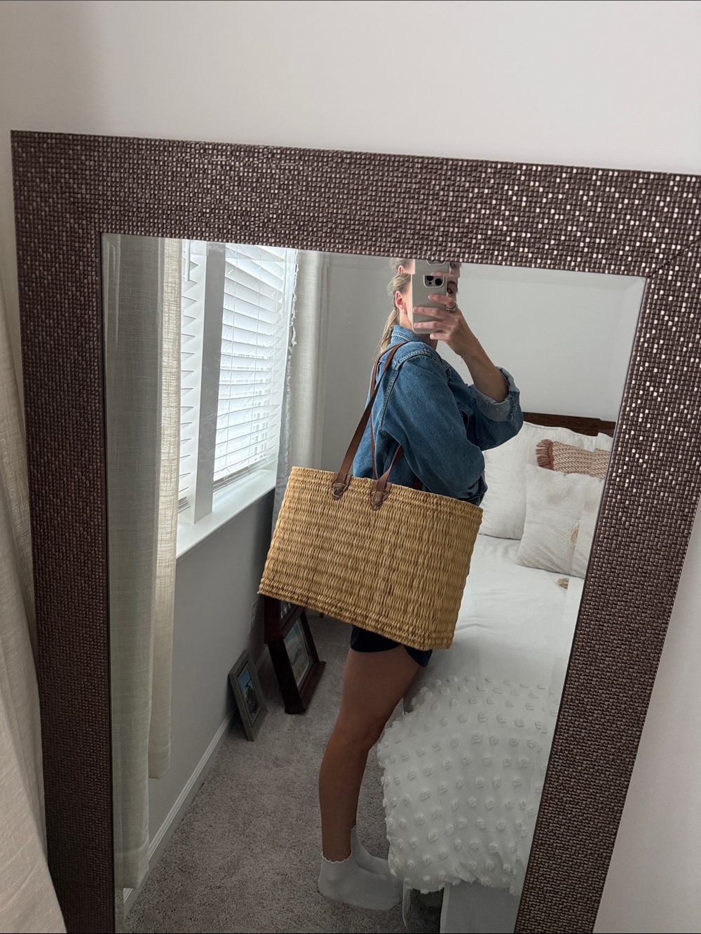 Woven Straw Tote Bag with Brown Leather Straps - Picture 2 of 2